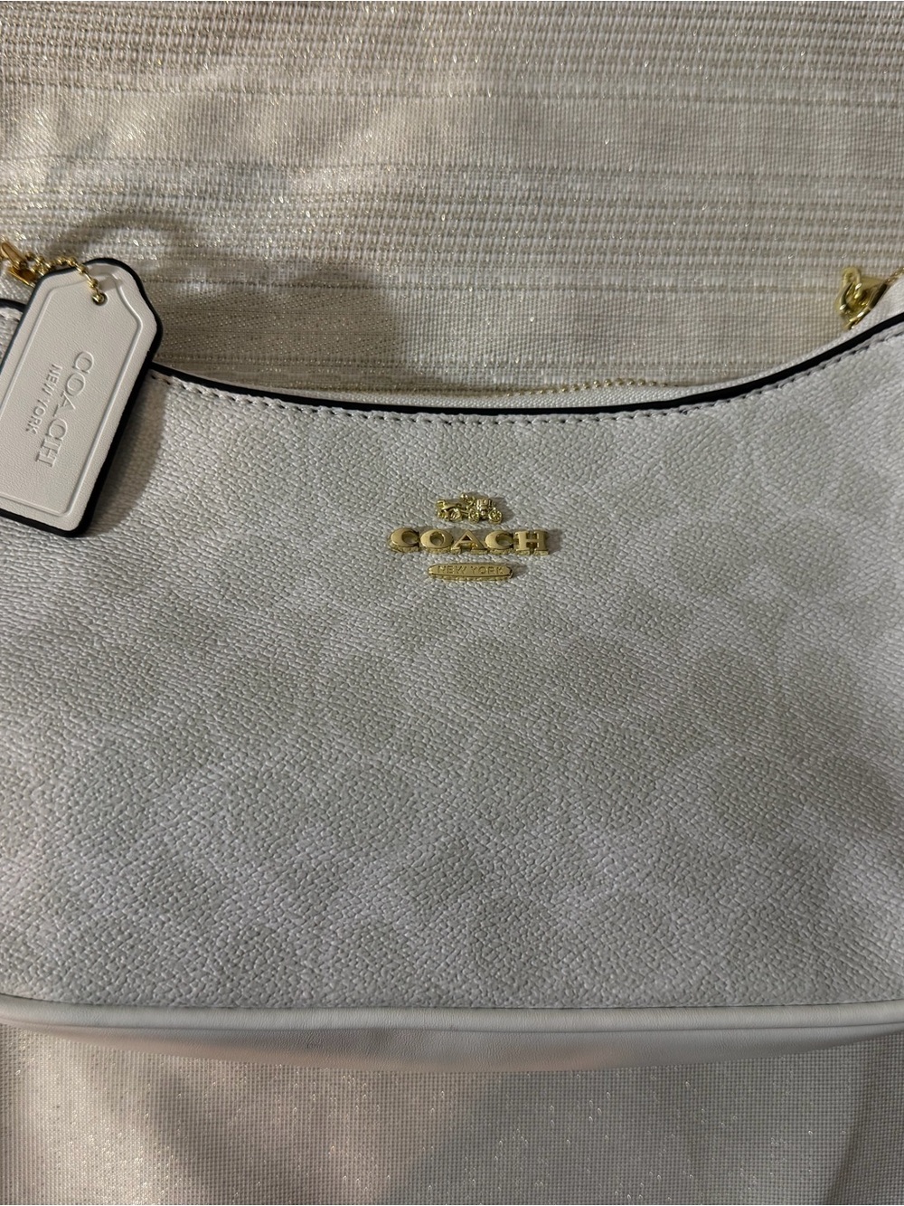 COACH White Canvas Shoulder Bag with Gold Logo Hardware